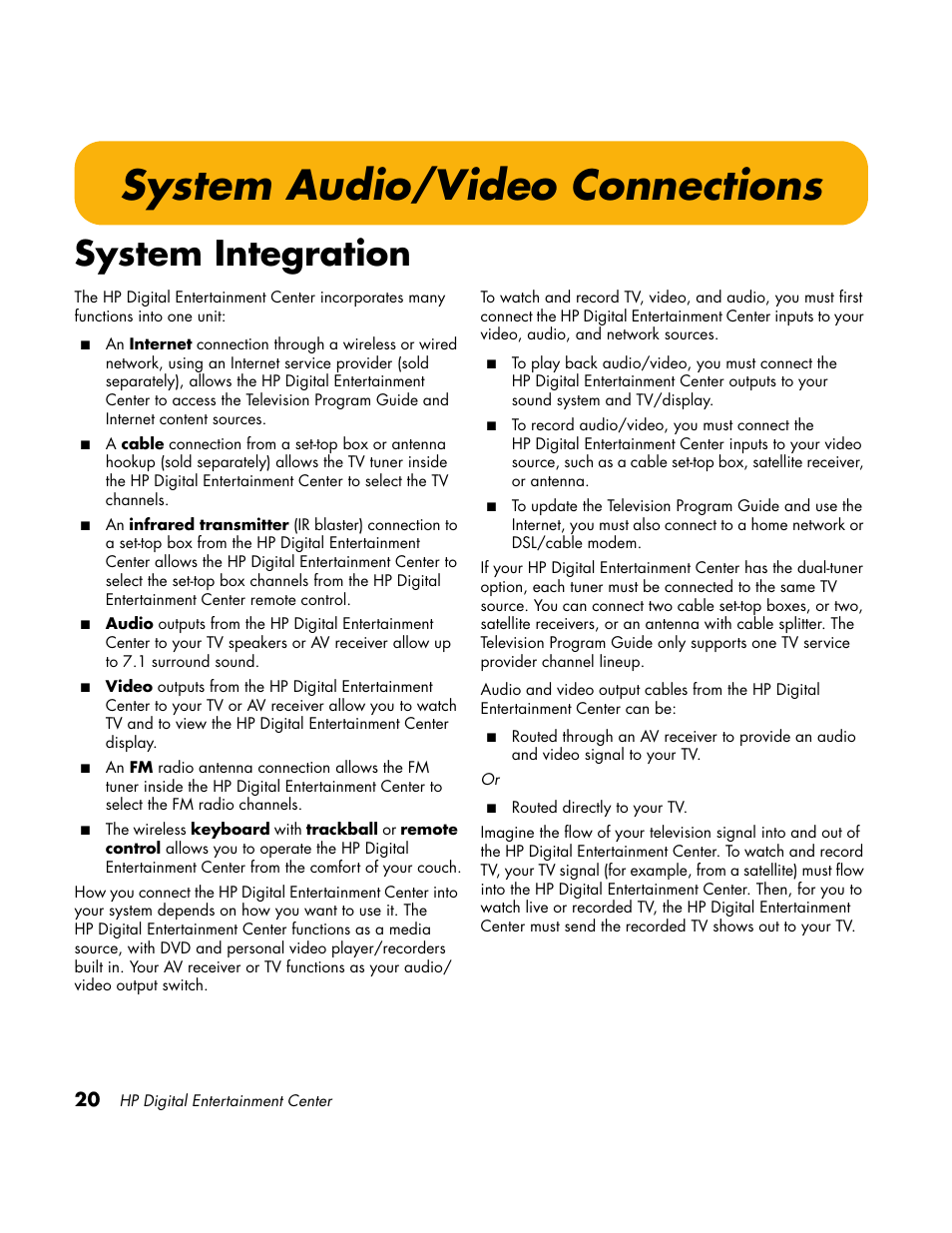 System audio/video connections, System integration | HP Home Theater System User Manual | Page 26 / 194