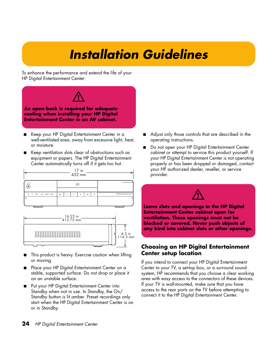 Installation guidelines | HP Home Theater System User Manual | Page 30 / 194