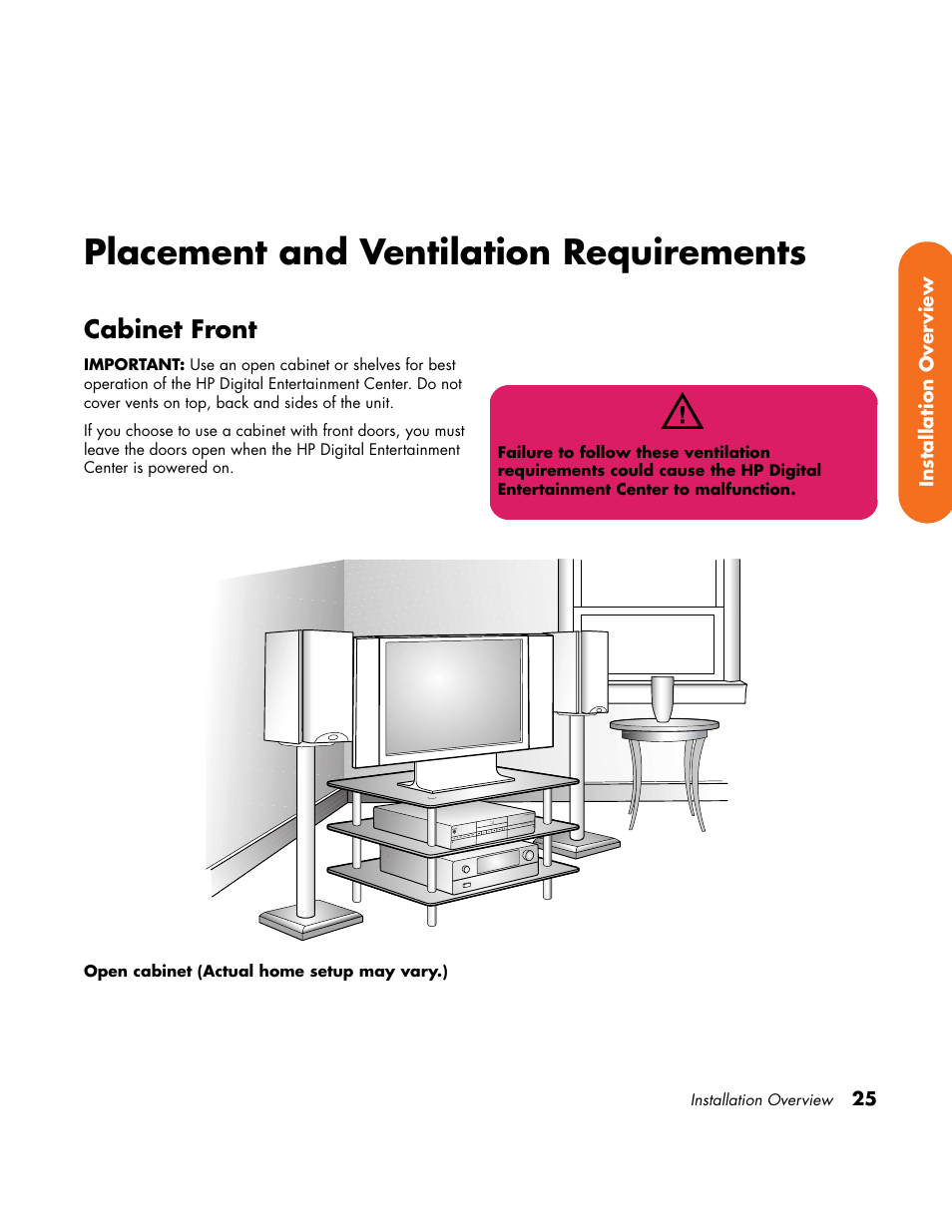 Placement and ventilation requirements, Cabinet front | HP Home Theater System User Manual | Page 31 / 194