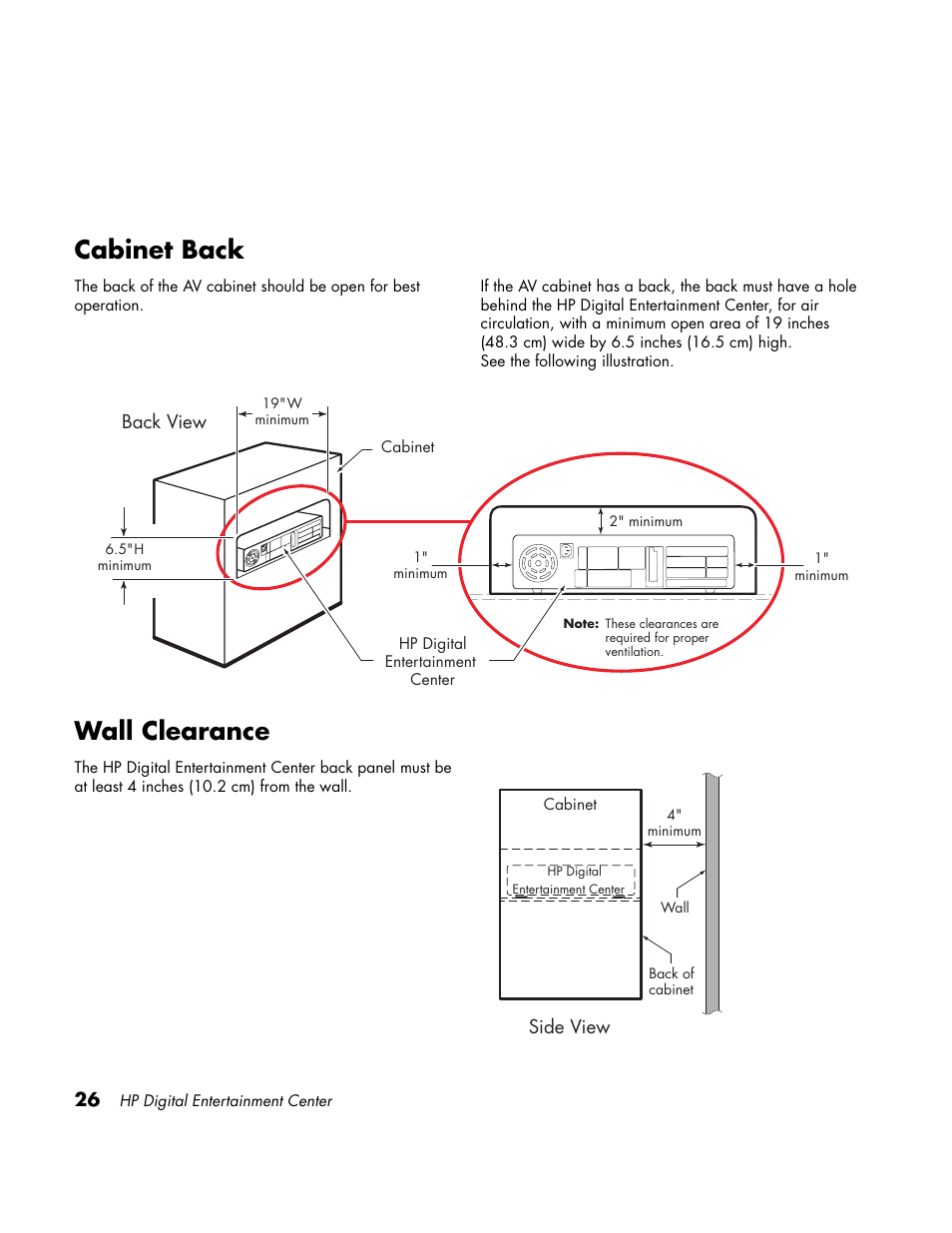 Cabinet back, Wall clearance | HP Home Theater System User Manual | Page 32 / 194