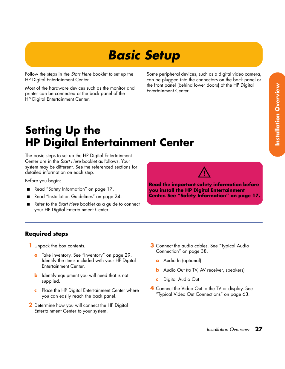 Basic setup, Setting up the hp digital entertainment center, Setting up the | Hp digital entertainment center | HP Home Theater System User Manual | Page 33 / 194