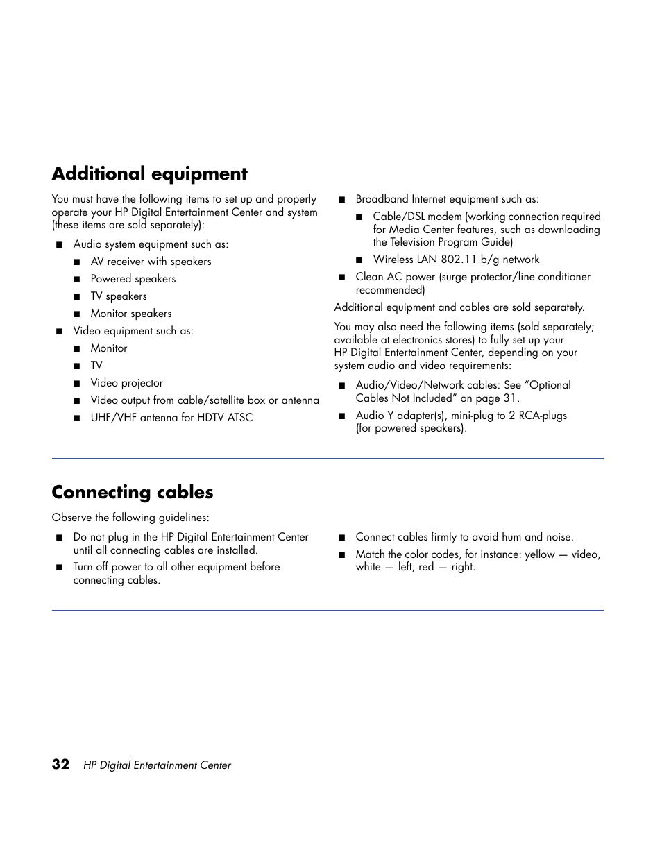 Additional equipment, Connecting cables | HP Home Theater System User Manual | Page 38 / 194