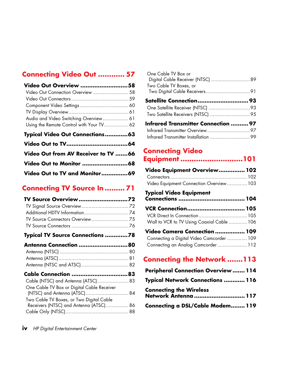 Connecting video out, Connecting tv source in, Connecting video equipment | Connecting the network | HP Home Theater System User Manual | Page 4 / 194