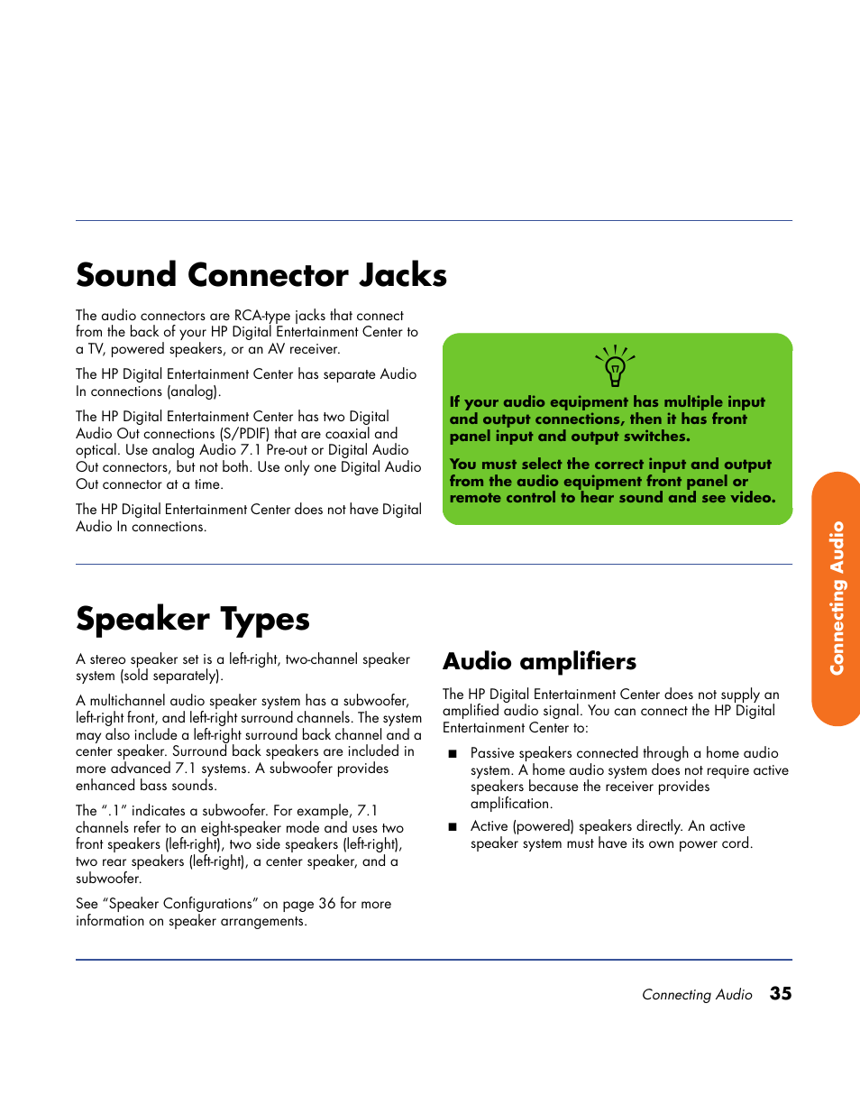 Sound connector jacks, Speaker types, Audio amplifiers | Sound connector jacks speaker types | HP Home Theater System User Manual | Page 41 / 194