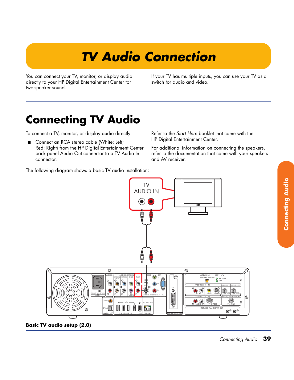 Tv audio connection, Connecting tv audio, 39 connecting audio | Tv audio in, Connecting audio | HP Home Theater System User Manual | Page 45 / 194