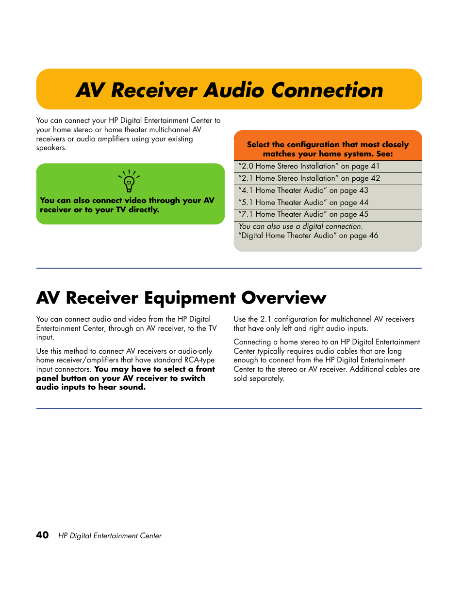 Av receiver audio connection, Av receiver equipment overview | HP Home Theater System User Manual | Page 46 / 194