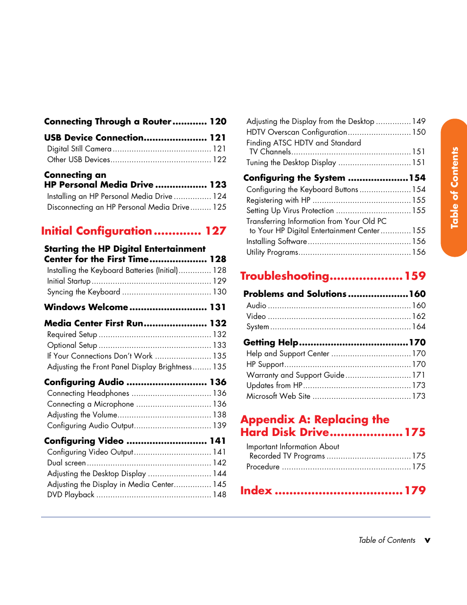 Initial configuration, Troubleshooting, Appendix a: replacing the hard disk drive | Index | HP Home Theater System User Manual | Page 5 / 194