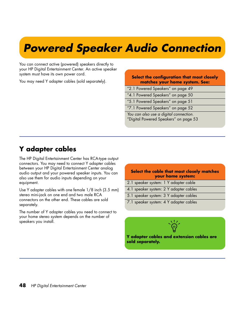 Powered speaker audio connection, Y adapter cables | HP Home Theater System User Manual | Page 54 / 194