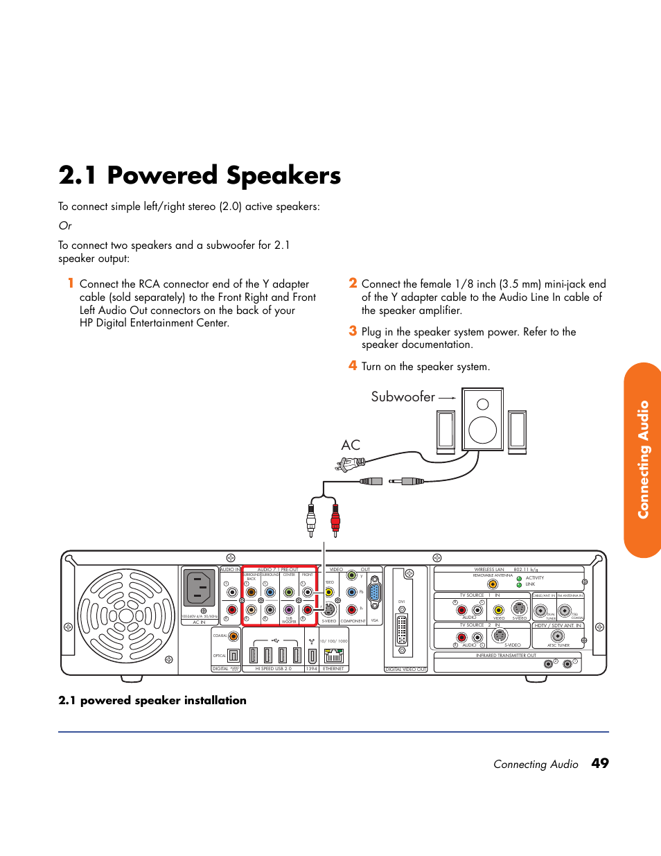 1 powered speakers, Ac subwoofer, 49 connecting audio | Connecting audio | HP Home Theater System User Manual | Page 55 / 194