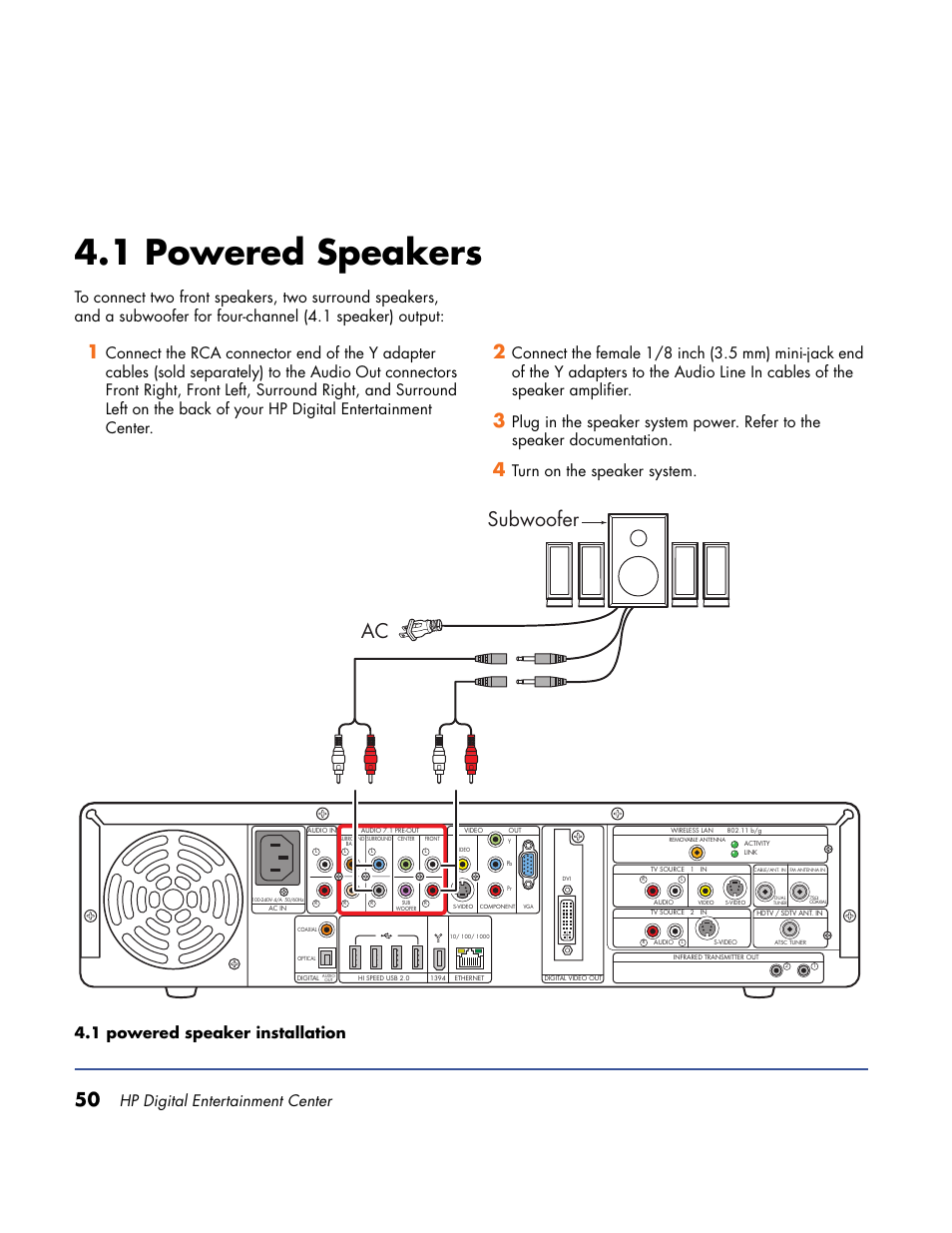 1 powered speakers, Subwoofer ac, Hp digital entertainment center | HP Home Theater System User Manual | Page 56 / 194