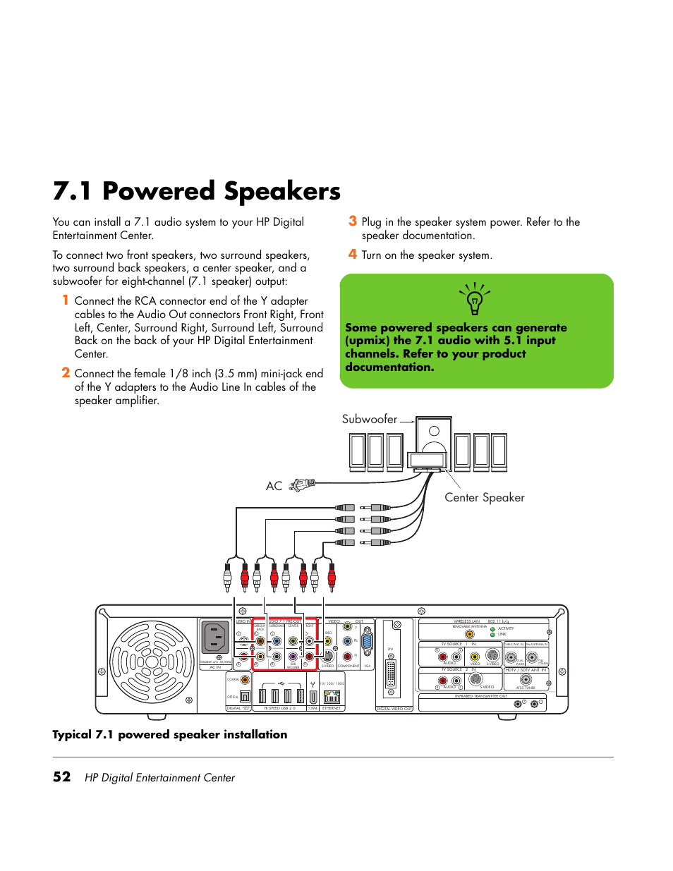 1 powered speakers, Subwoofer center speaker ac, Hp digital entertainment center | HP Home Theater System User Manual | Page 58 / 194