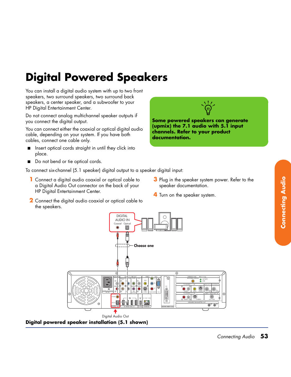 Digital powered speakers, 53 connecting audio, Connecting audio | Choose one, Digital audio out | HP Home Theater System User Manual | Page 59 / 194