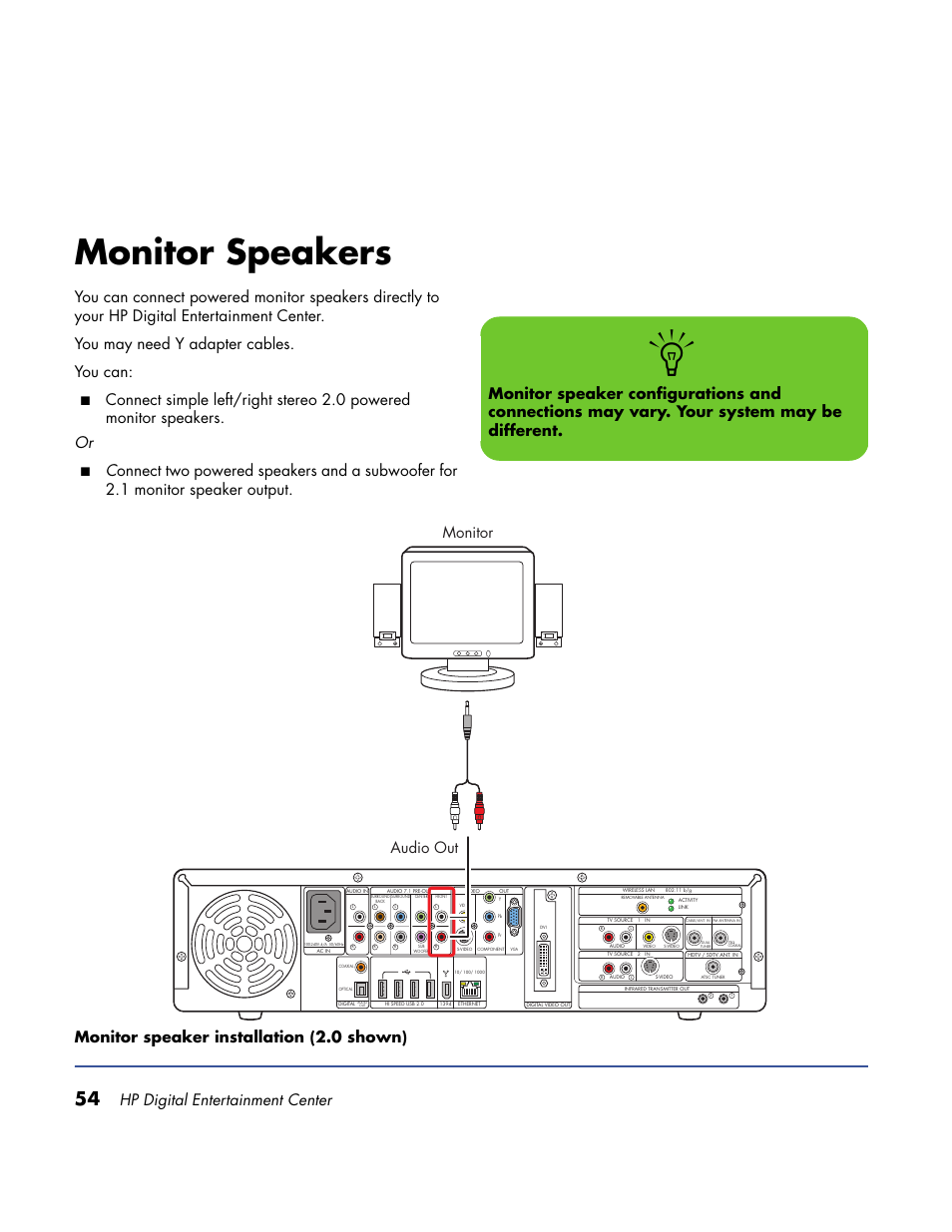 Monitor speakers, Hp digital entertainment center, Audio out monitor | HP Home Theater System User Manual | Page 60 / 194