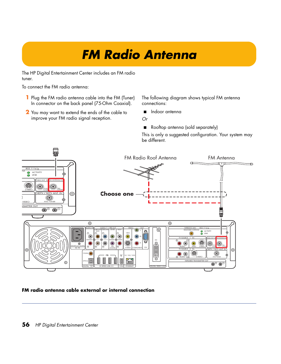 Fm radio antenna, Choose one, Fm antenna fm radio roof antenna | Hp digital entertainment center, Indoor antenna or | HP Home Theater System User Manual | Page 62 / 194