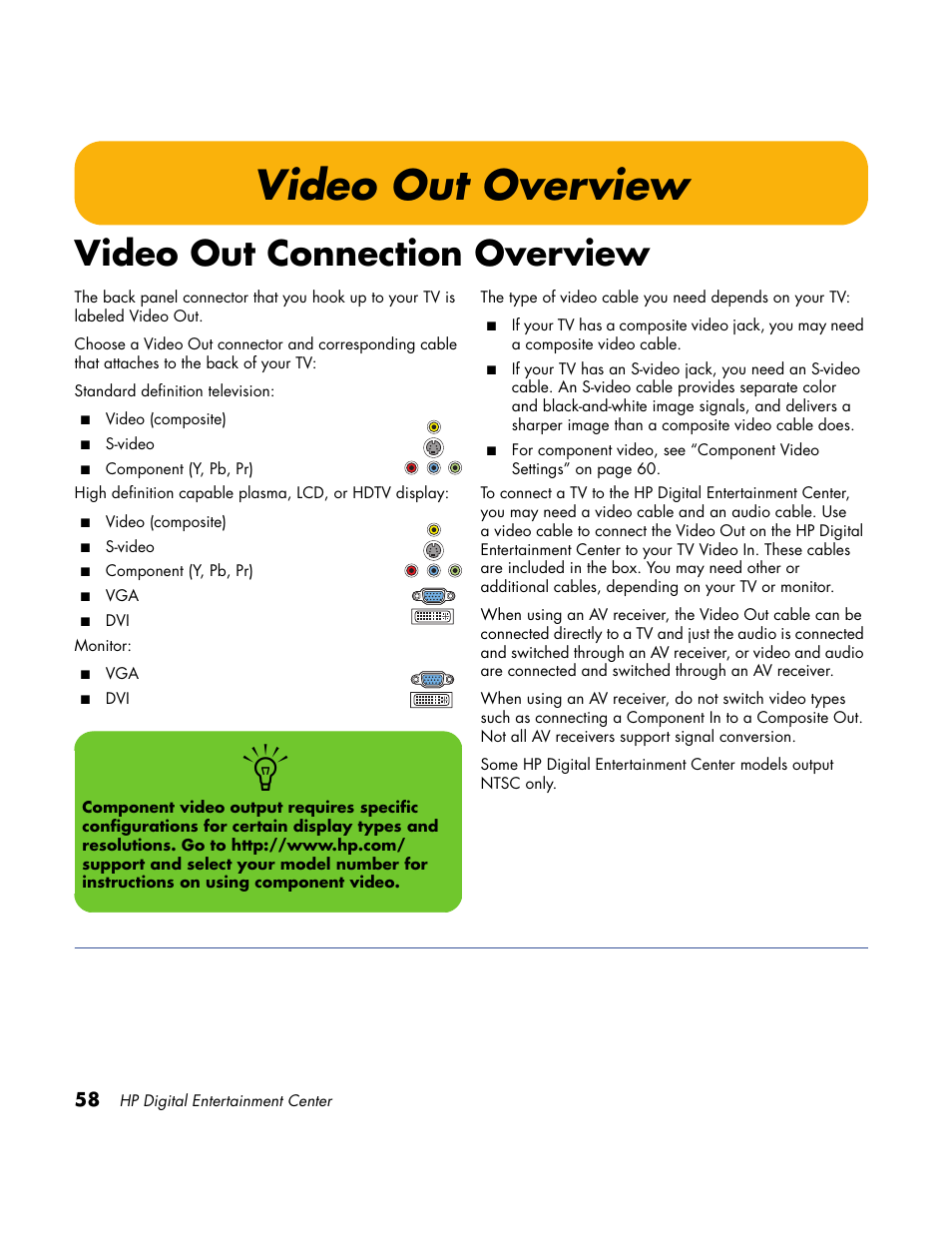 Video out overview, Video out connection overview | HP Home Theater System User Manual | Page 64 / 194