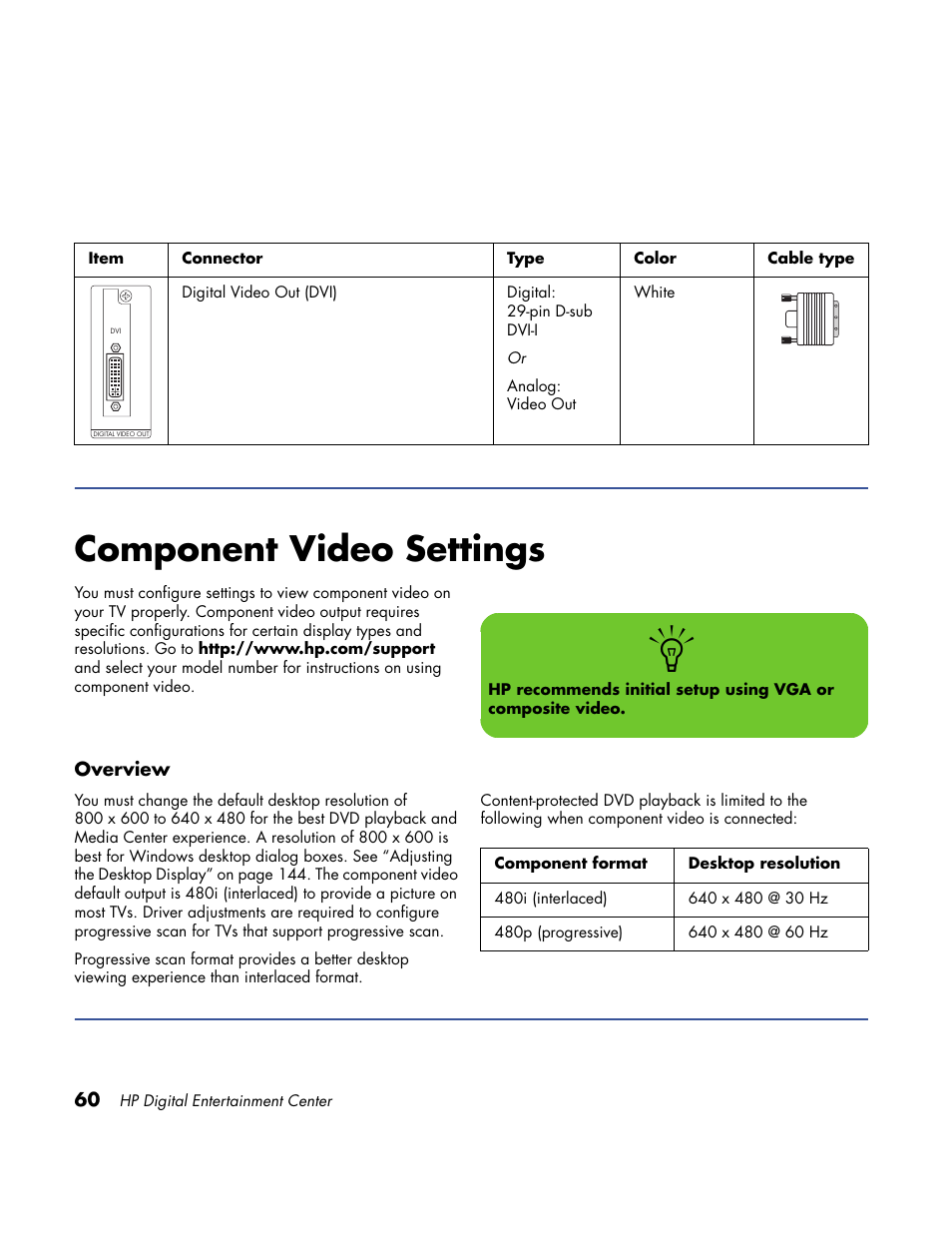 Component video settings | HP Home Theater System User Manual | Page 66 / 194