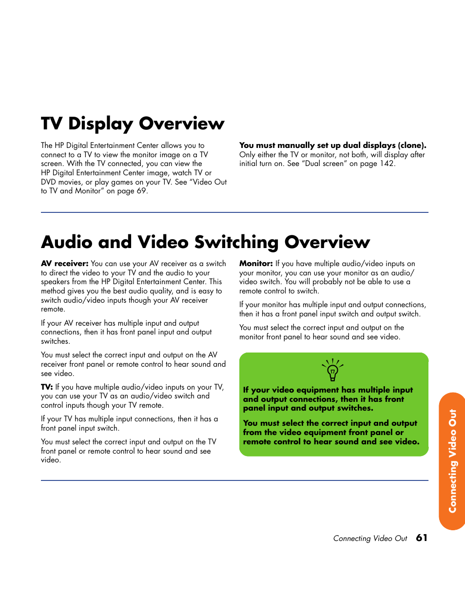 Tv display overview, Audio and video switching overview | HP Home Theater System User Manual | Page 67 / 194
