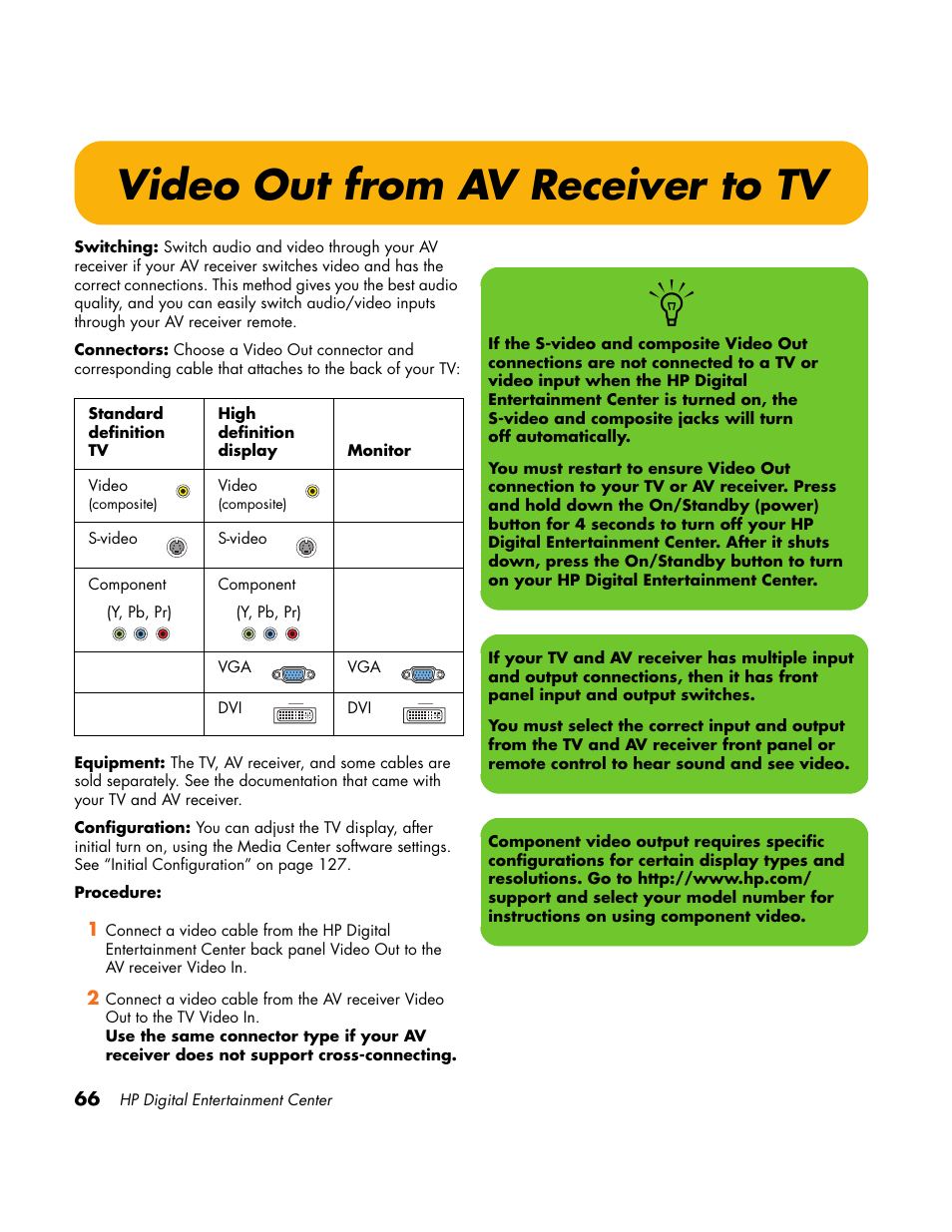 Video out from av receiver to tv | HP Home Theater System User Manual | Page 72 / 194