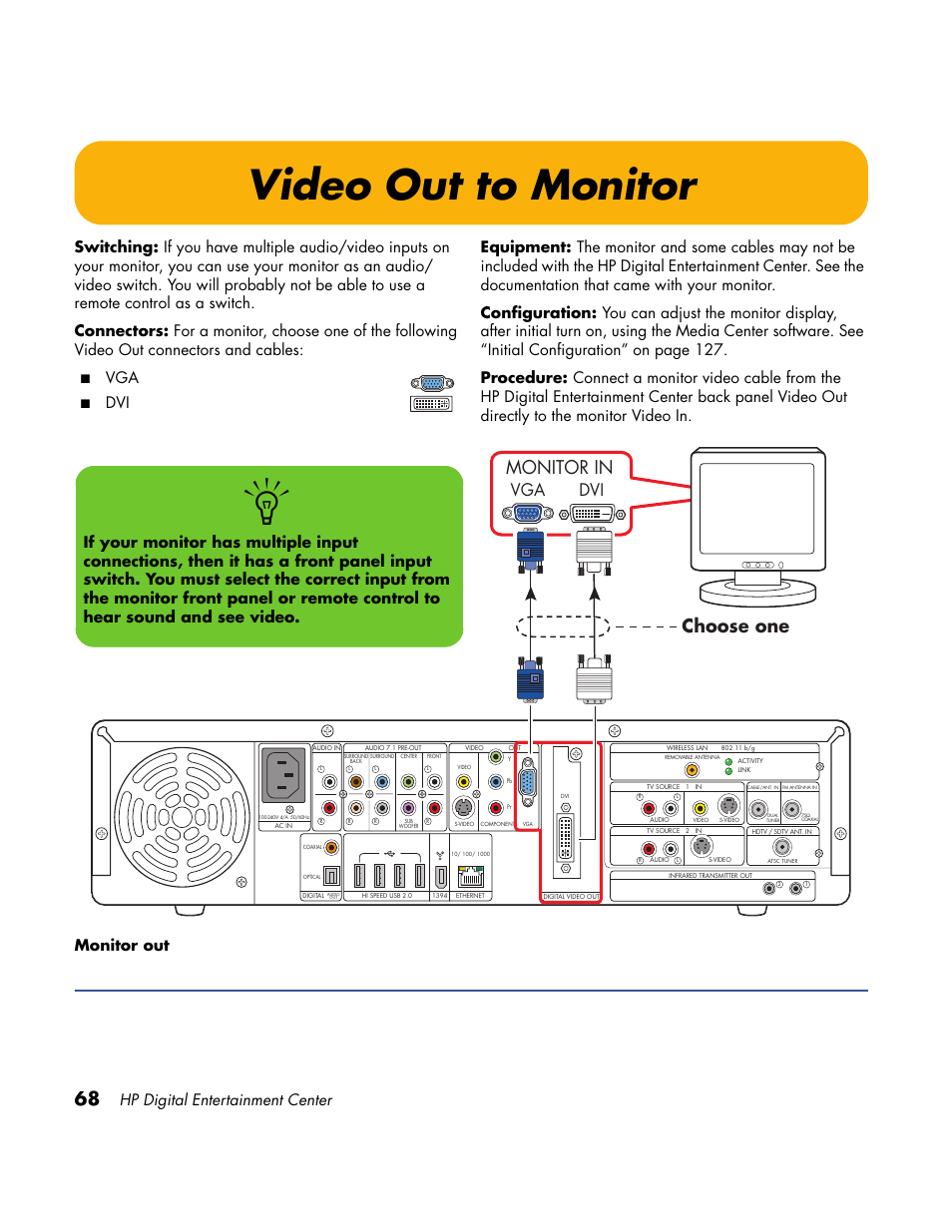 Video out to monitor, Choose one, Monitor in | Hp digital entertainment center | HP Home Theater System User Manual | Page 74 / 194