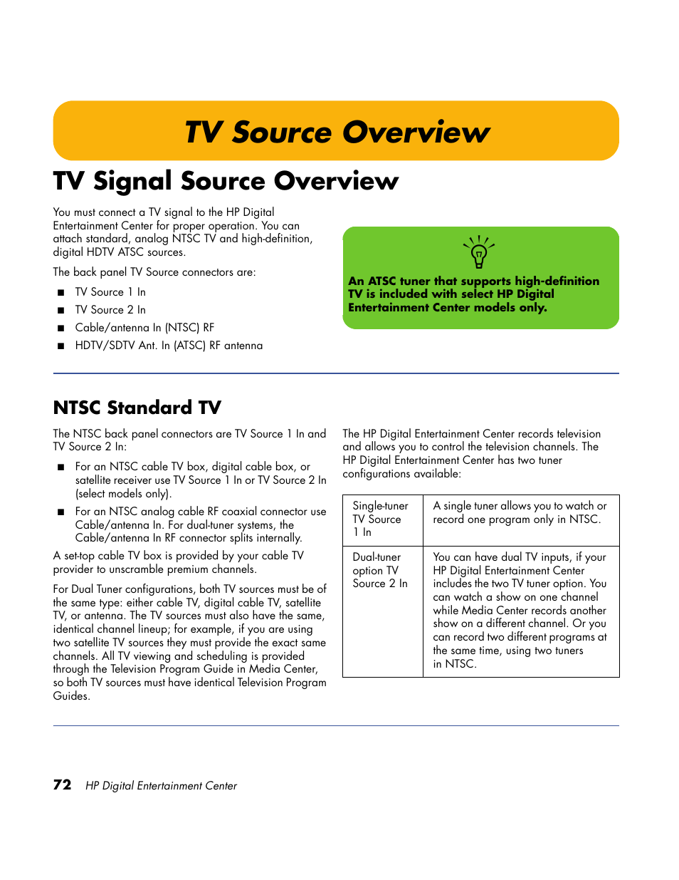 Tv source overview, Tv signal source overview, Ntsc standard tv | HP Home Theater System User Manual | Page 78 / 194