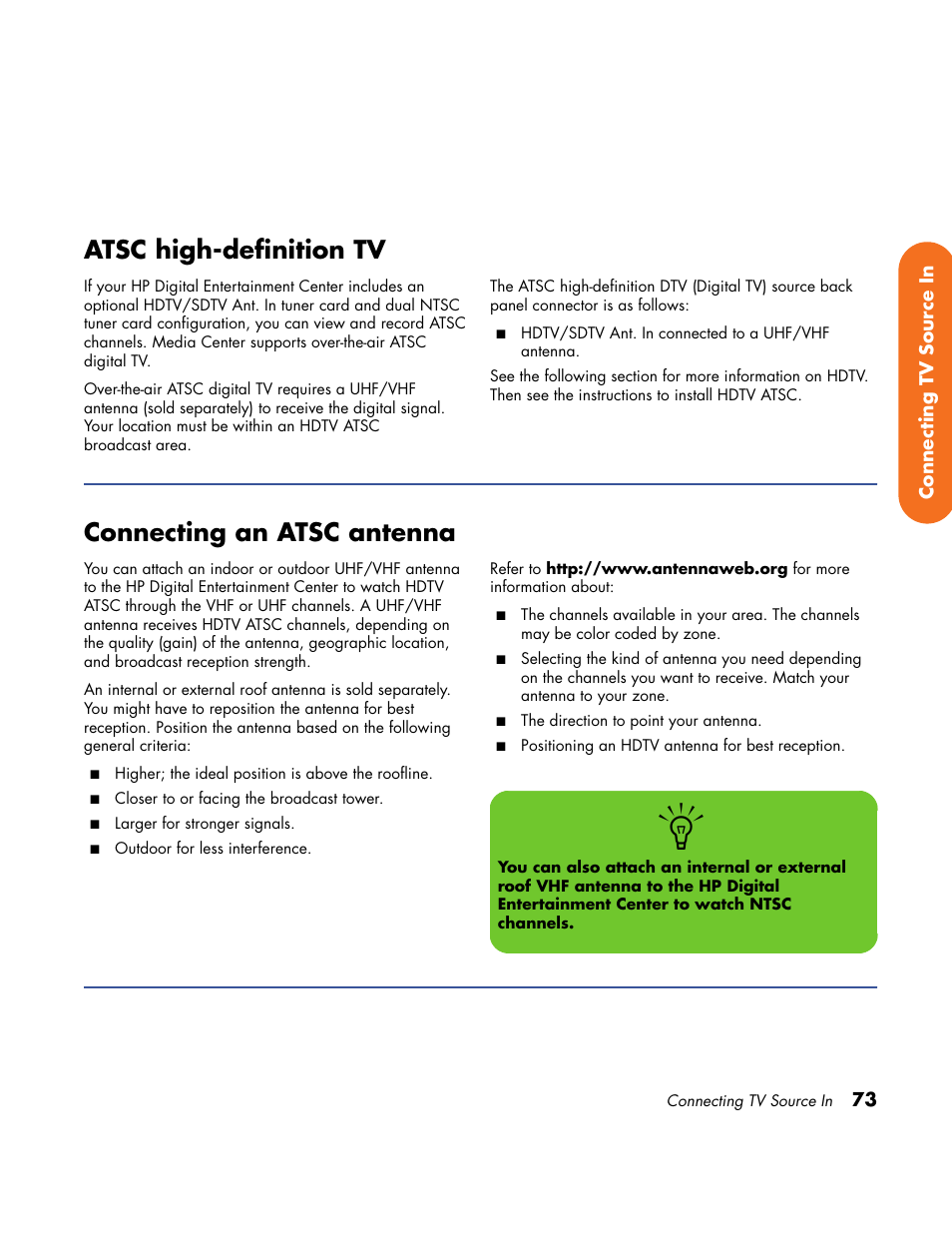 Atsc high-definition tv, Connecting an atsc antenna | HP Home Theater System User Manual | Page 79 / 194