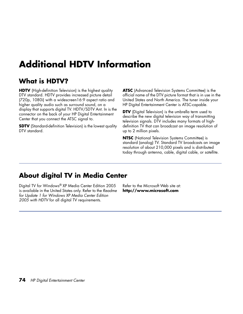 Additional hdtv information, What is hdtv, About digital tv in media center | HP Home Theater System User Manual | Page 80 / 194