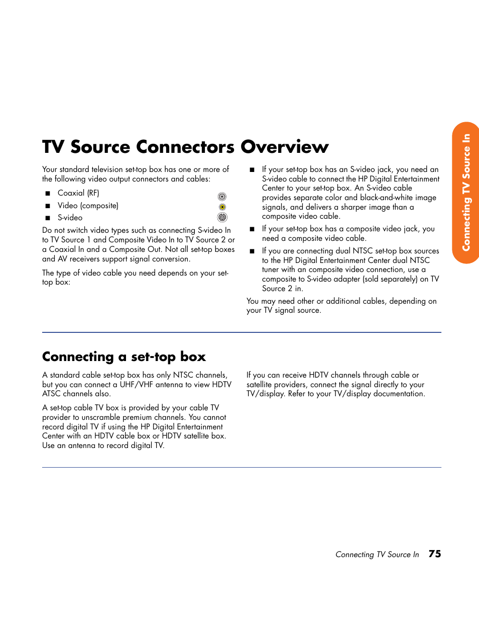 Tv source connectors overview, Connecting a set-top box | HP Home Theater System User Manual | Page 81 / 194