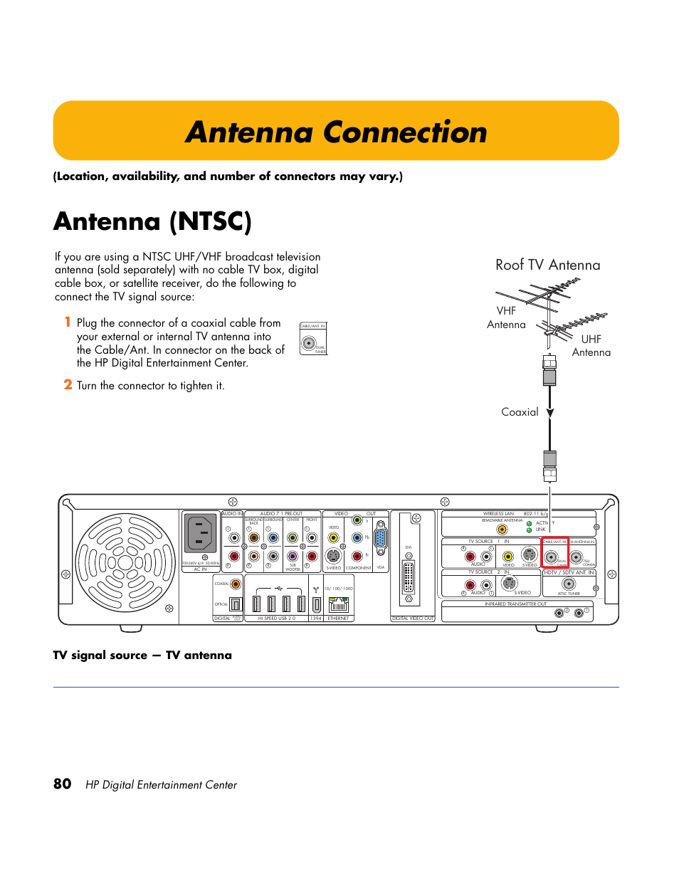 Antenna connection, Antenna (ntsc), Roof tv antenna | Hp digital entertainment center, Tv signal source — tv antenna, Coaxial, Turn the connector to tighten it | HP Home Theater System User Manual | Page 86 / 194