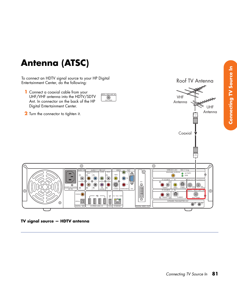Antenna (atsc), Roof tv antenna, 81 connecting tv source in | Connecting tv source in, Tv signal source — hdtv antenna, Turn the connector to tighten it | HP Home Theater System User Manual | Page 87 / 194