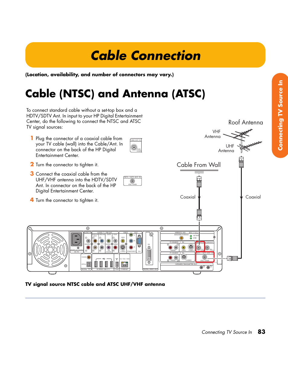 Cable connection, Cable (ntsc) and antenna (atsc), Cable from wall | Roof antenna, 83 connecting tv source in, Connecting tv source in, Turn the connector to tighten it, Uhf antenna, Coaxial vhf antenna coaxial | HP Home Theater System User Manual | Page 89 / 194