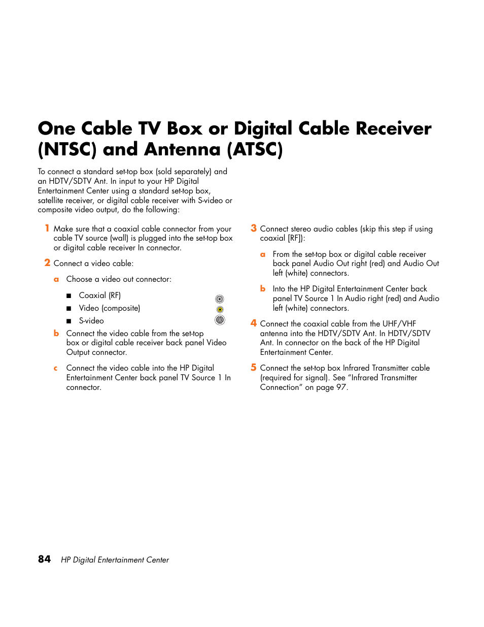 One cable tv box or digital cable receiver, Ntsc) and antenna (atsc) | HP Home Theater System User Manual | Page 90 / 194