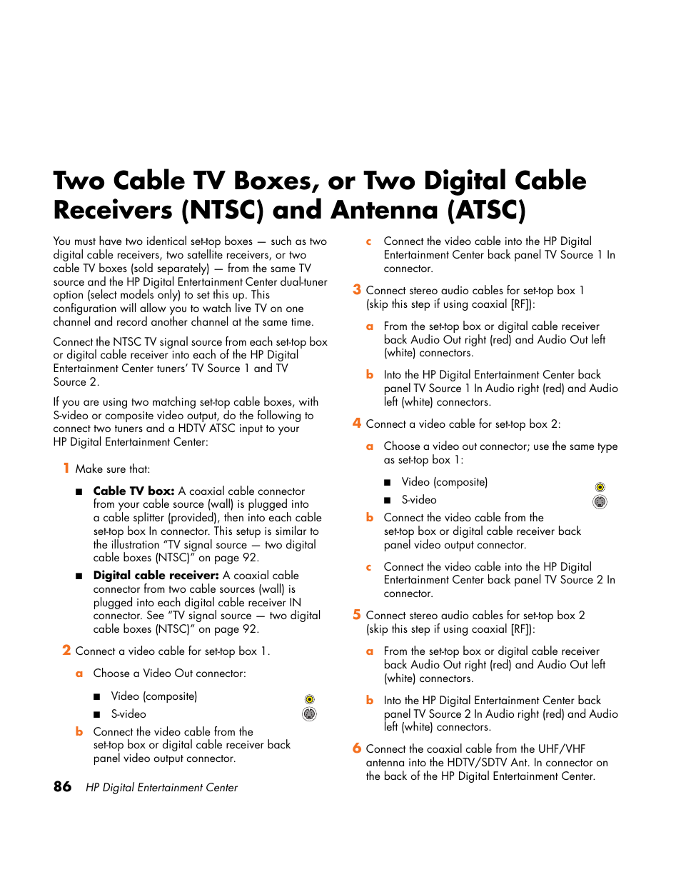 Two cable tv boxes, or two digital cable, Receivers (ntsc) and antenna (atsc) | HP Home Theater System User Manual | Page 92 / 194