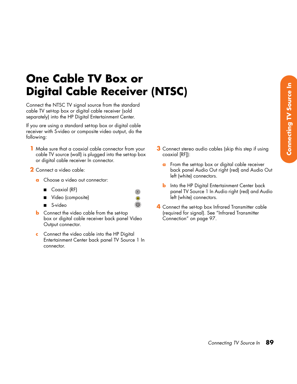 One cable tv box or digital cable receiver (ntsc), One cable tv box or, Digital cable receiver (ntsc) | HP Home Theater System User Manual | Page 95 / 194