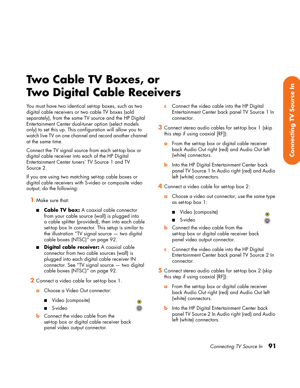 Two cable tv boxes, or two digital cable receivers, Two cable tv boxes, or, Two digital cable receivers | HP Home Theater System User Manual | Page 97 / 194