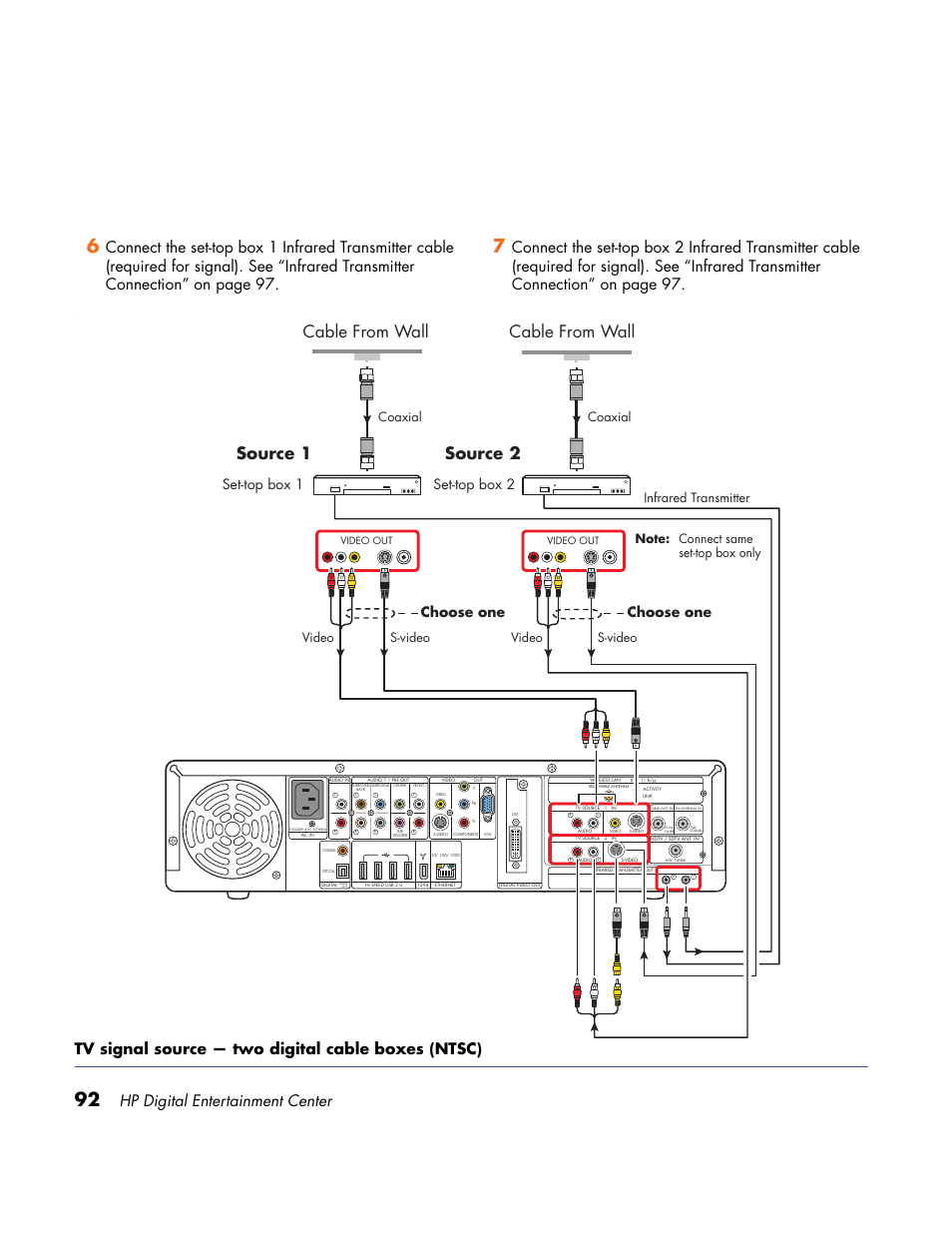 Source 1, Cable from wall, Source 2 | Hp digital entertainment center, Tv signal source — two digital cable boxes (ntsc), Set-top box 1, Set-top box 2, Choose one, Infrared transmitter, Video | HP Home Theater System User Manual | Page 98 / 194