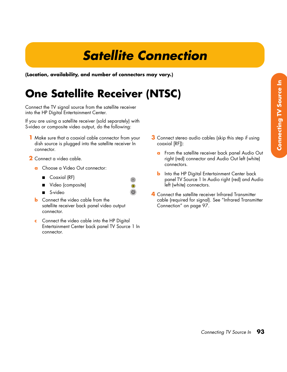 Satellite connection, One satellite receiver (ntsc) | HP Home Theater System User Manual | Page 99 / 194