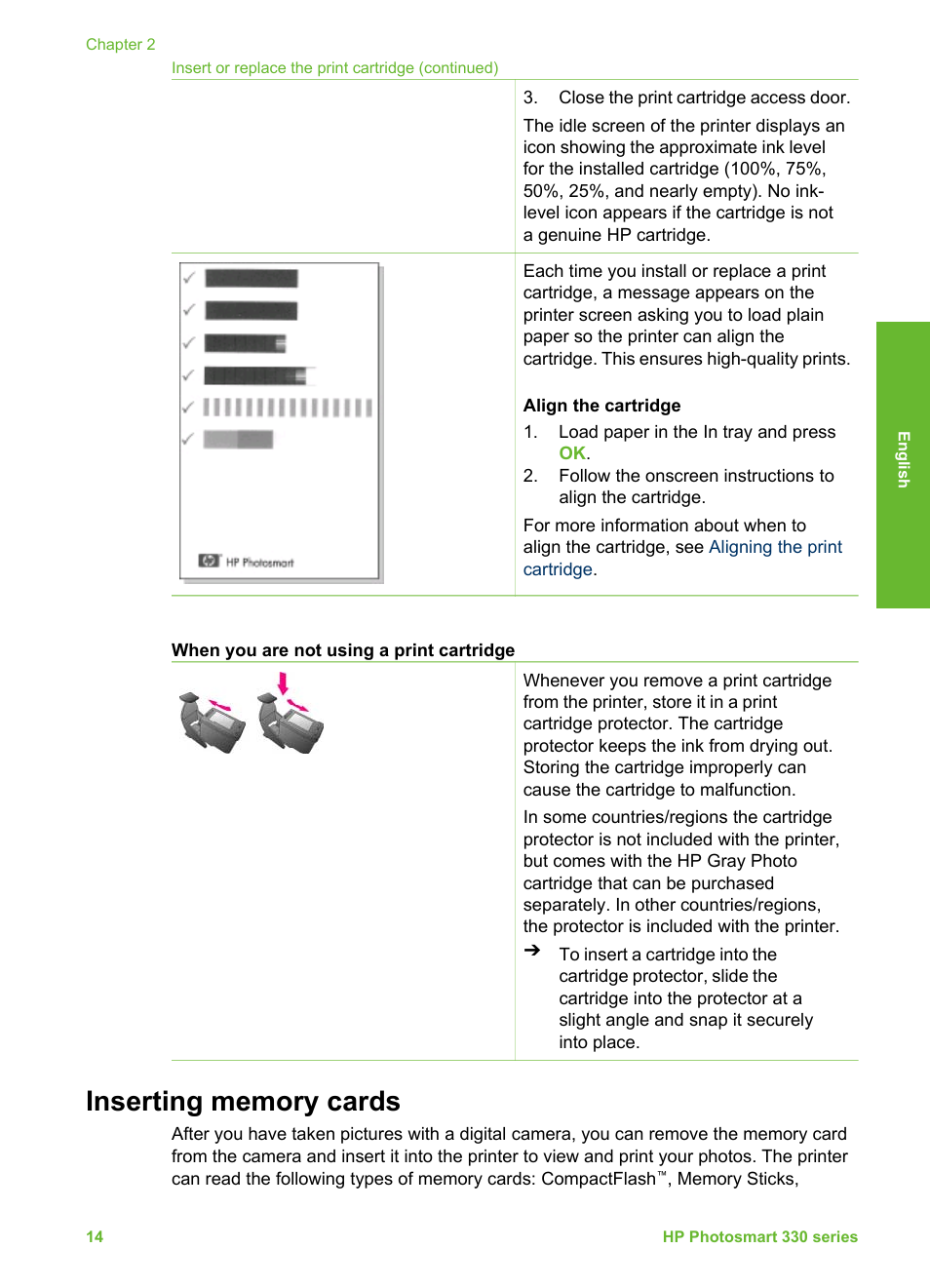 Inserting memory cards | HP 330 Series User Manual | Page 17 / 61