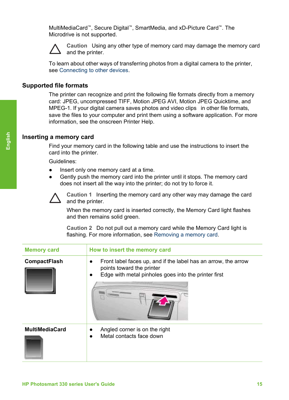 Supported file formats, Inserting a memory card | HP 330 Series User Manual | Page 18 / 61