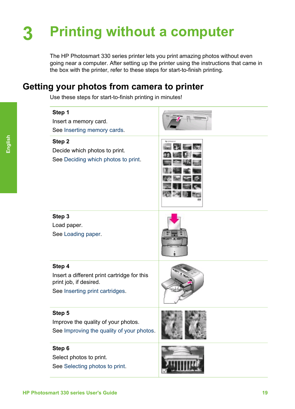 Printing without a computer, Getting your photos from camera to printer | HP 330 Series User Manual | Page 22 / 61