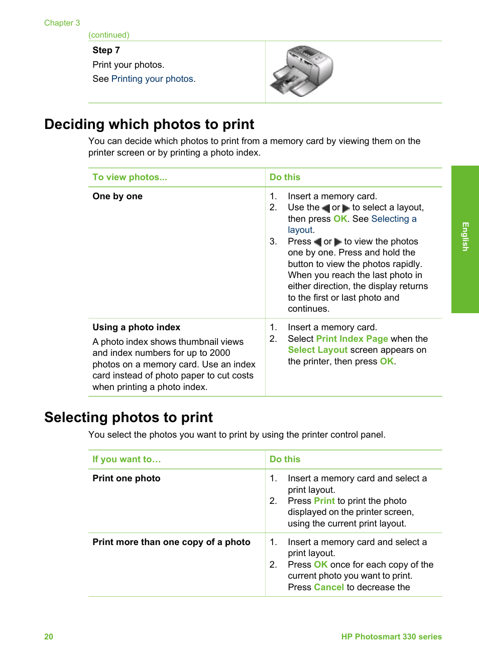 Deciding which photos to print, Selecting photos to print | HP 330 Series User Manual | Page 23 / 61