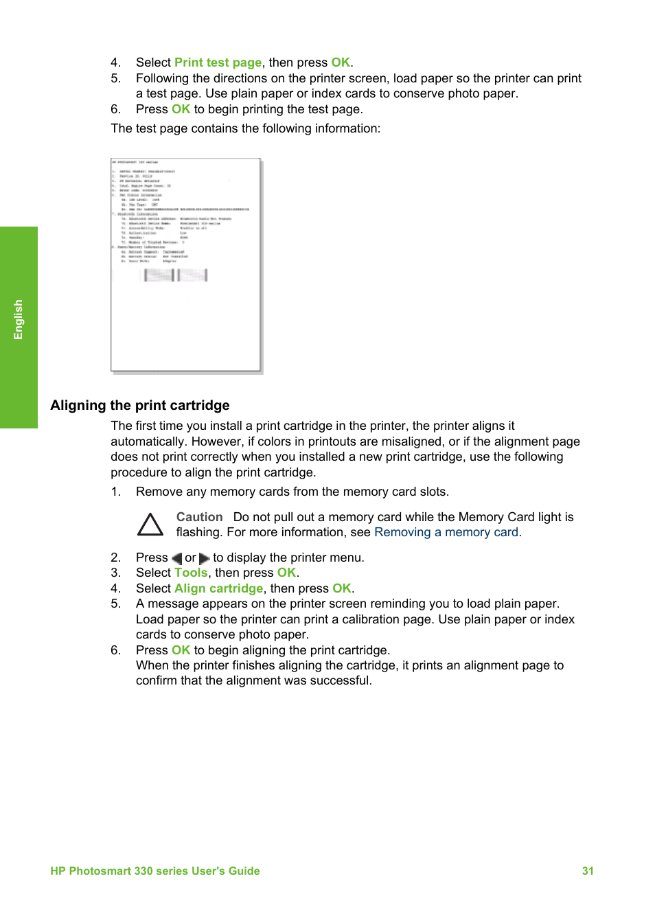 Aligning the print cartridge | HP 330 Series User Manual | Page 34 / 61