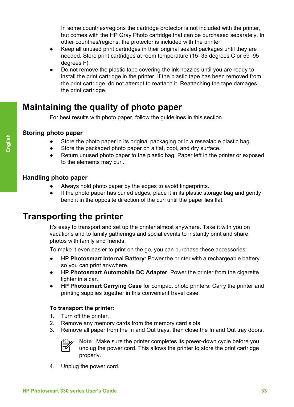 Maintaining the quality of photo paper, Storing photo paper, Handling photo paper | Transporting the printer, Storing photo paper handling photo paper | HP 330 Series User Manual | Page 36 / 61