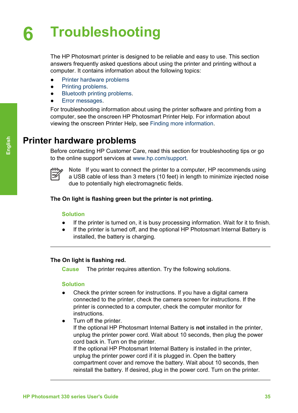 Troubleshooting, Printer hardware problems | HP 330 Series User Manual | Page 38 / 61