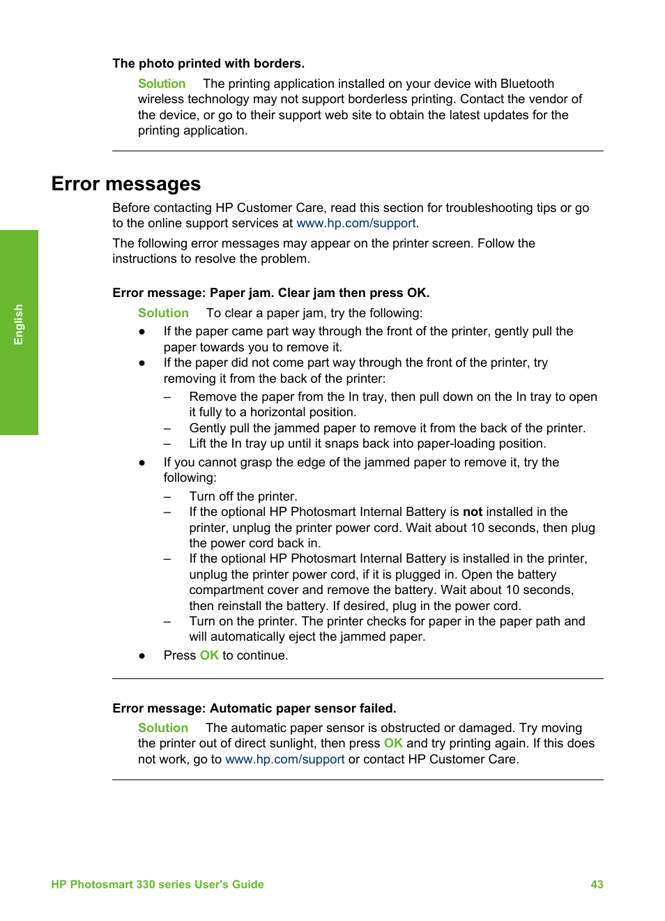 Error messages | HP 330 Series User Manual | Page 46 / 61