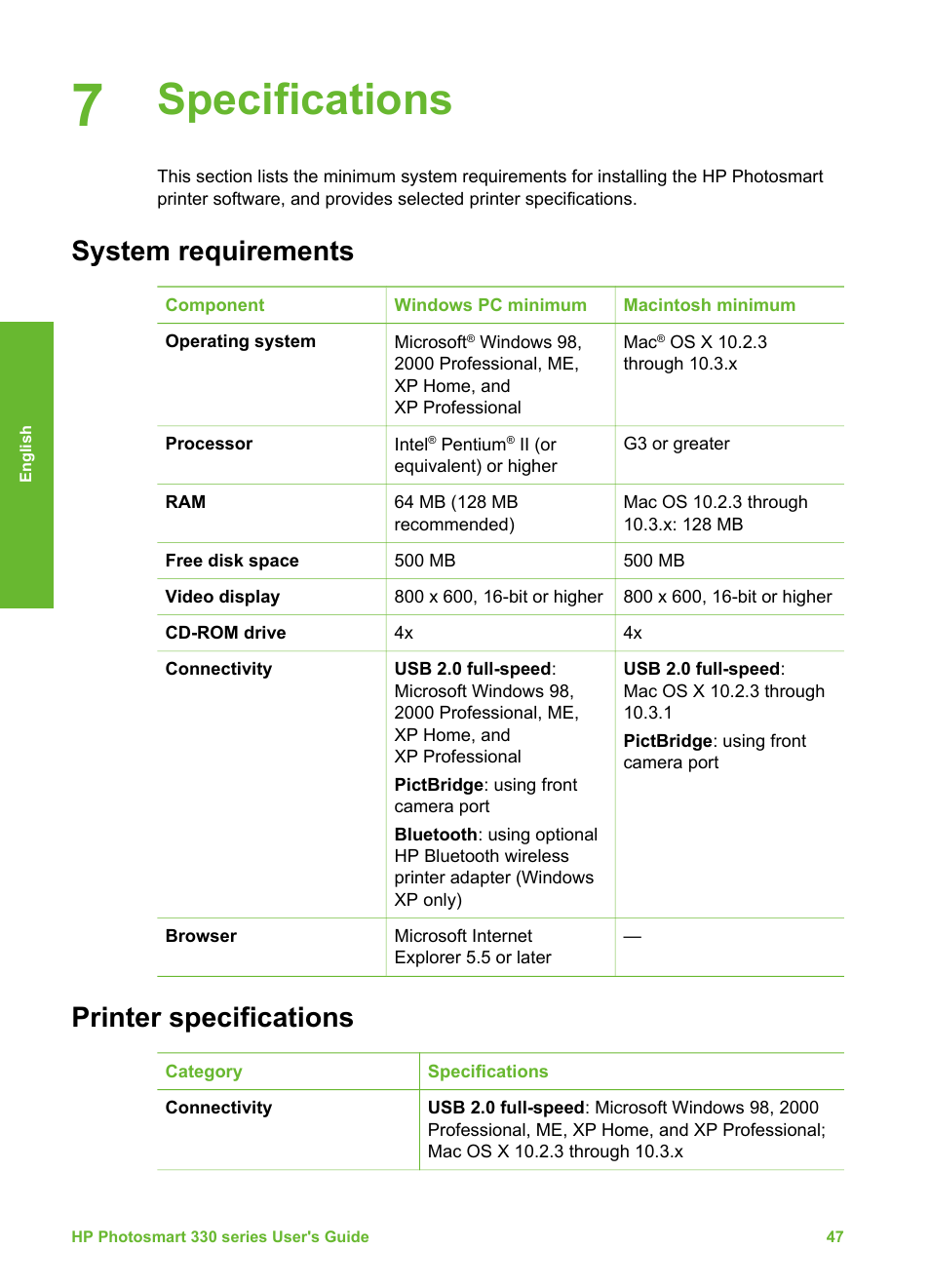 Specifications, System requirements, Printer specifications | System requirements printer specifications | HP 330 Series User Manual | Page 50 / 61