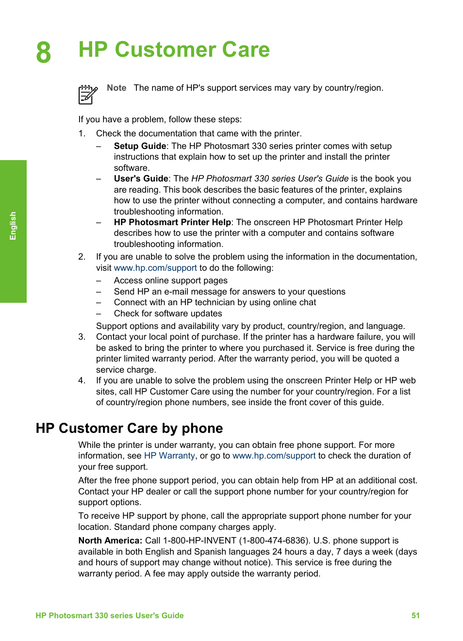 Hp customer care, Hp customer care by phone, Placing a call | HP 330 Series User Manual | Page 54 / 61