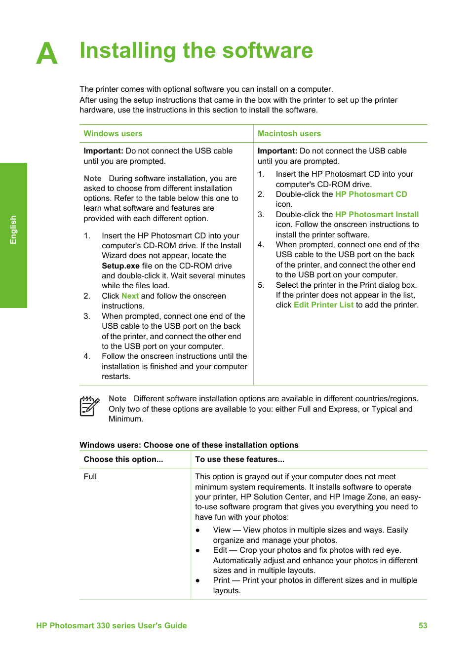 Installing the software, Steps. see, Installing the | Software | HP 330 Series User Manual | Page 56 / 61