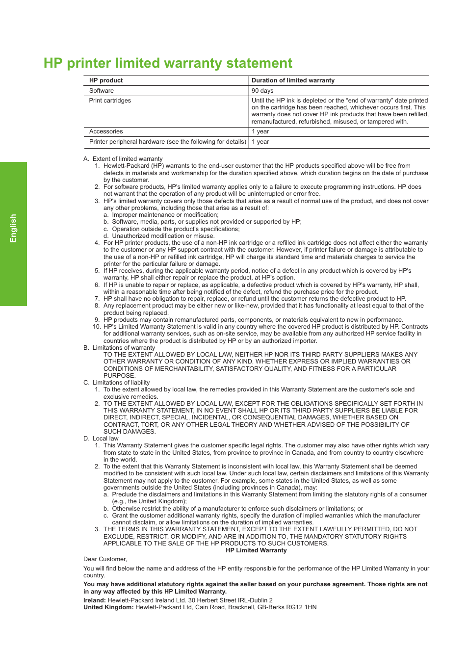 Hp printer limited warranty statement, Hp warranty, English | HP 330 Series User Manual | Page 58 / 61