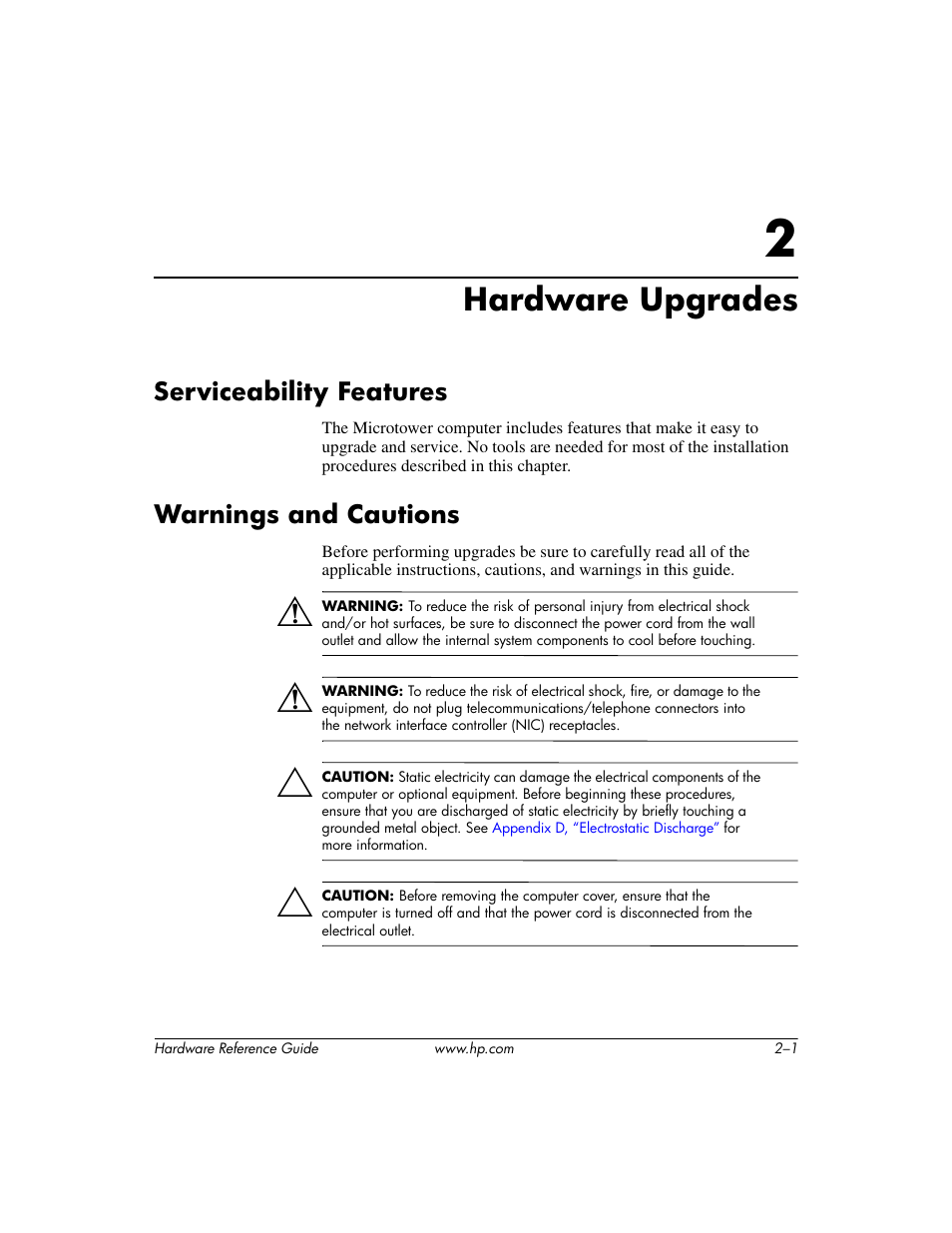 Hardware upgrades, Serviceability features, Warnings and cautions | 2 hardware upgrades | HP dx6120 User Manual | Page 11 / 52