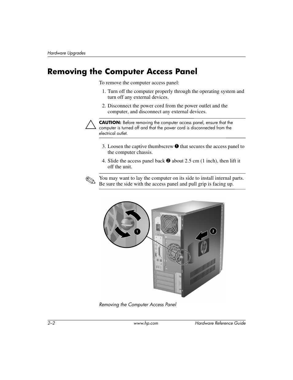 Removing the computer access panel, Removing the computer access panel –2 | HP dx6120 User Manual | Page 12 / 52